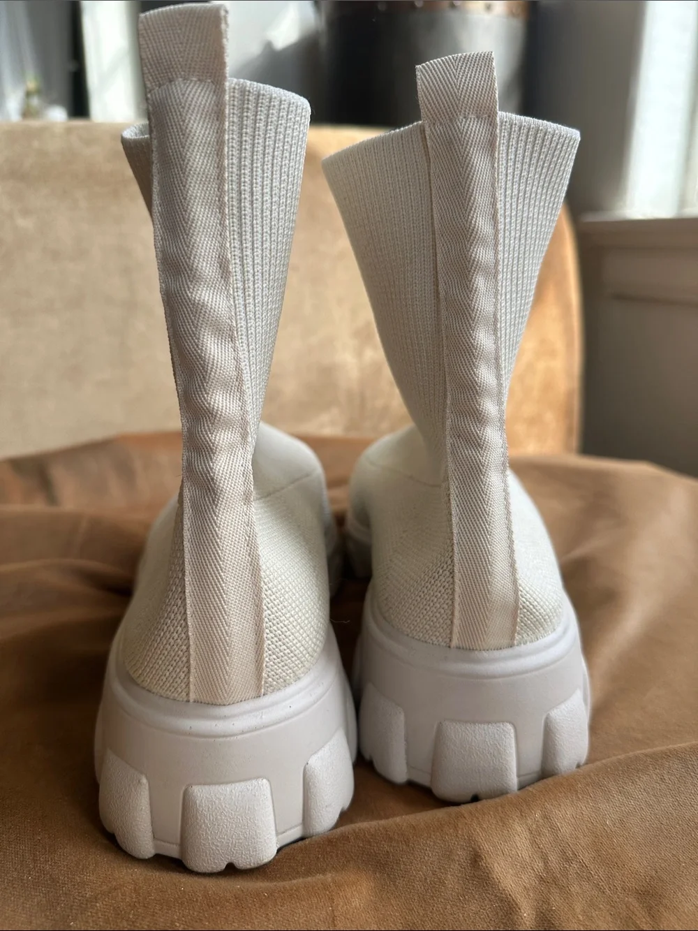 Cream White Canvas Stretchy chunky booties near 2” heel Trendy Stylish boots